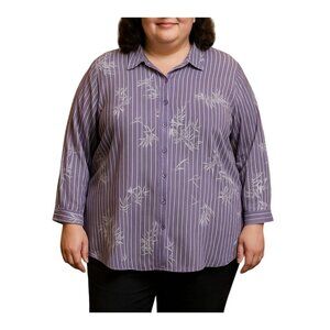 Catherines Purple Bamboo Print Button-Up Shirt Striped Long Sleeve Top 3X 26/28W